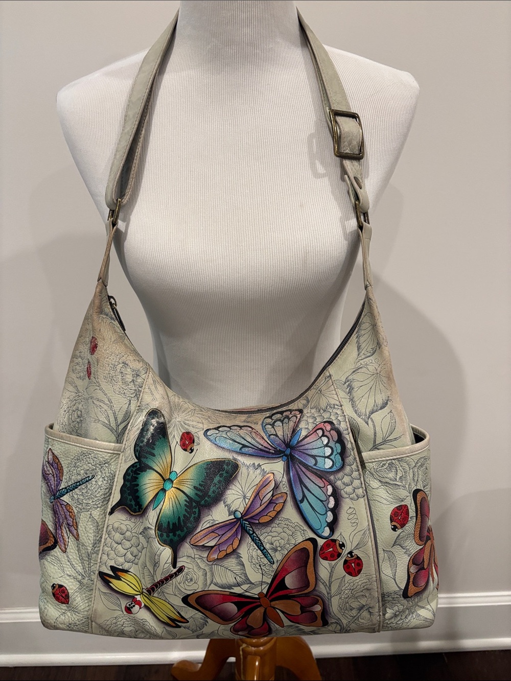 Anuschka Cream Leather Shoulder Bag with Multicolor Butterflies